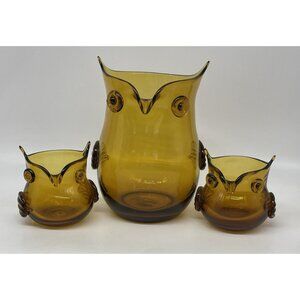 Pier 1 Handblown Glass Owl Vase Votive Holder Amber Vintage Applied Eyes Wings